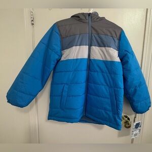 Kids Blue Colorblock Puffer Jacket with Hood
